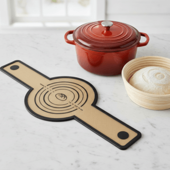 Siliconen bakmat naast rijsmandje en dutch oven